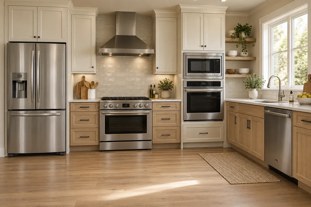 Kitchen with stainless steel refrigeration and cooking appliances