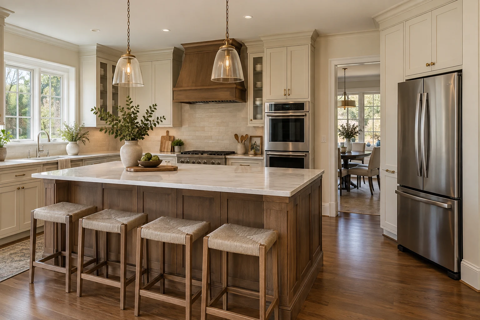 Warm, light-filled kitchen with stainless steel refrigerator, oven and range